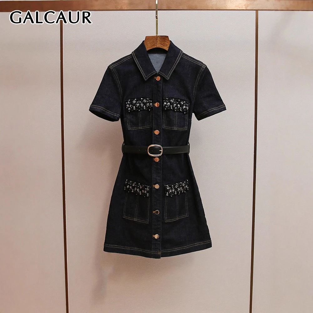 

GALCAUR Black Spliced Pockets Chic Dress Female Lapel Short Sleeve Slimming Streetwear Women's Dresses Summer New Style Fashion