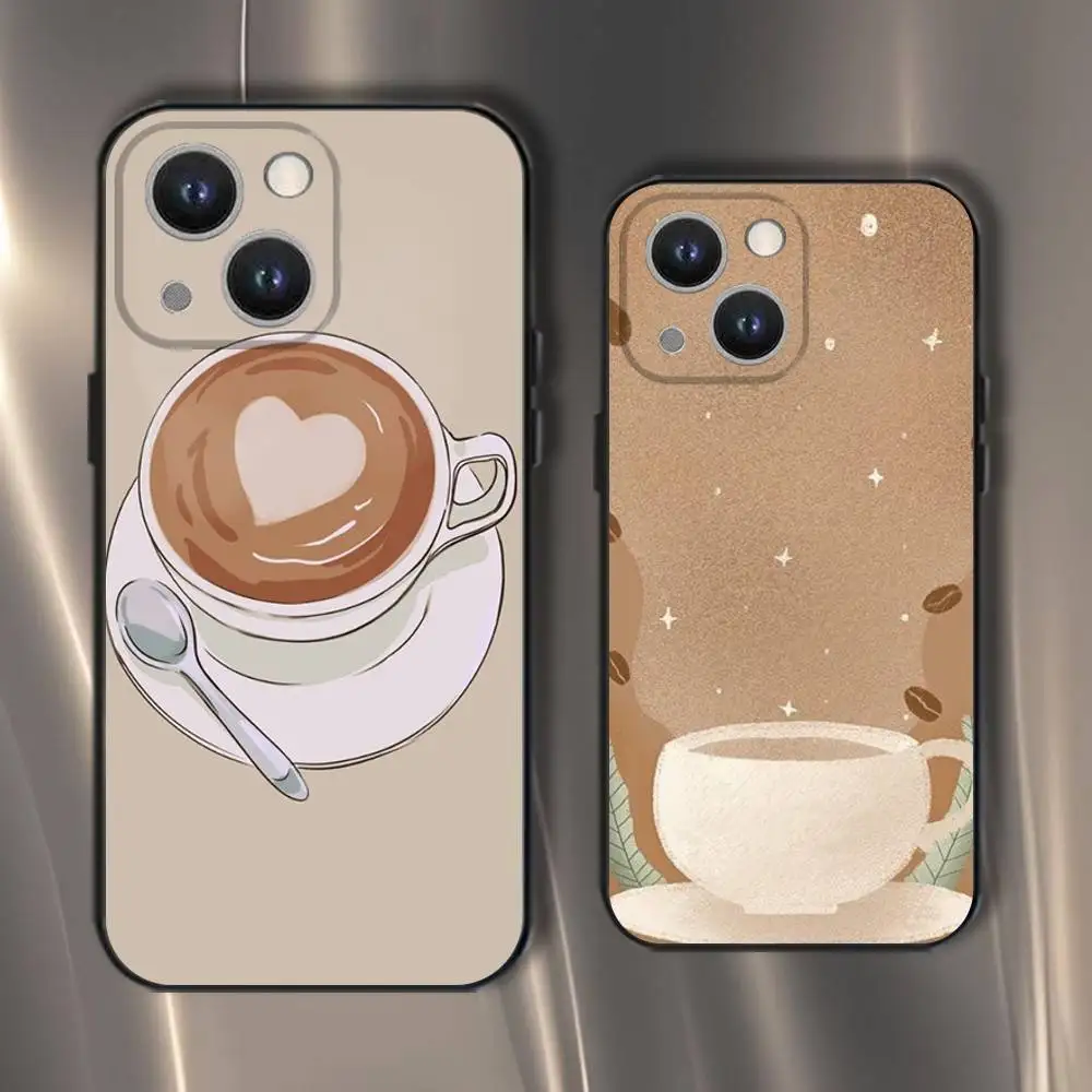 

Cartoon Coffee Phone Case For iPhone 16,15,14,13,12,11,Pro,XS,Max,XR,Plus,E,SE4,Mini Black Soft Cover