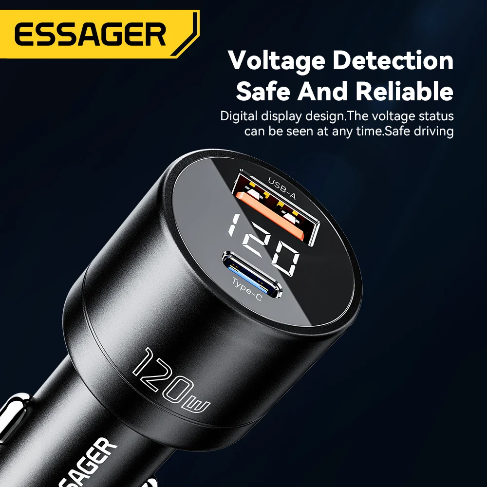 Essager 120W PD 차량용 초고속 충전기, QC 4.0 PD 3.0, 아이폰 15, 14, 삼성 C타입 USB 충전기, 휴대용 휴대폰 충전기