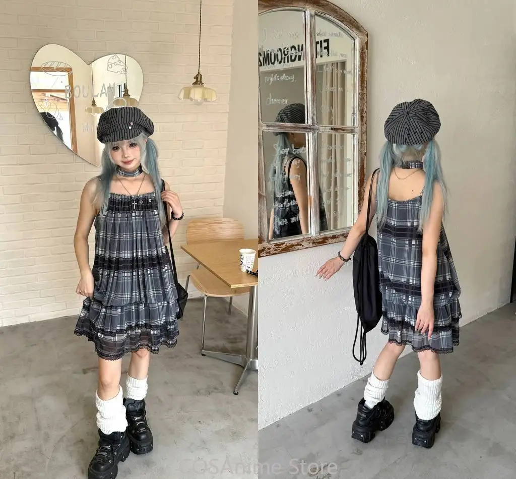 

Anime Punk Light Plaid Print Bud Loose Slip Dress Cute Sundress Summer Lovely Cute Skirt Cosplay Fans Xmas Birthday Gift