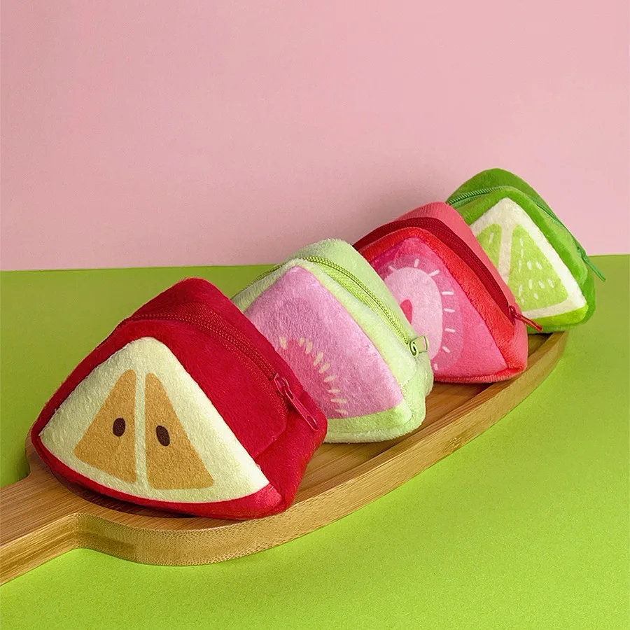 Cute Lemon Wallet Plush Triangle Three Dimensional Fruit Wallet Earphone Bag Mouth Red Envelope Pendant Data Cable Bag