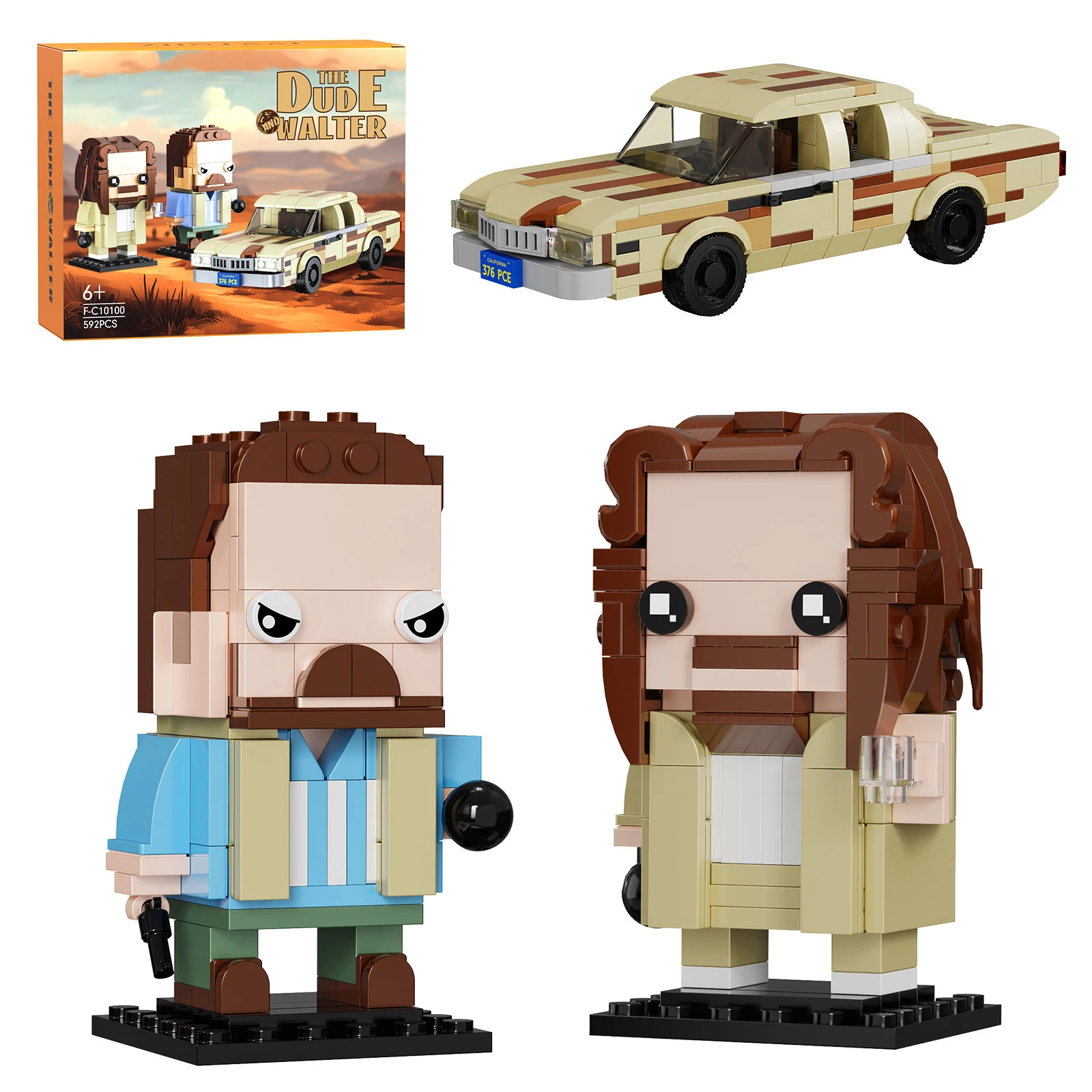 MOC Jeff the Dude & Walter Sobchak BrickHeadZ und Auto-Baustein-Set, Film-Protagonistenfiguren, Spielzeug, Fans, Weihnachtsgeschenke