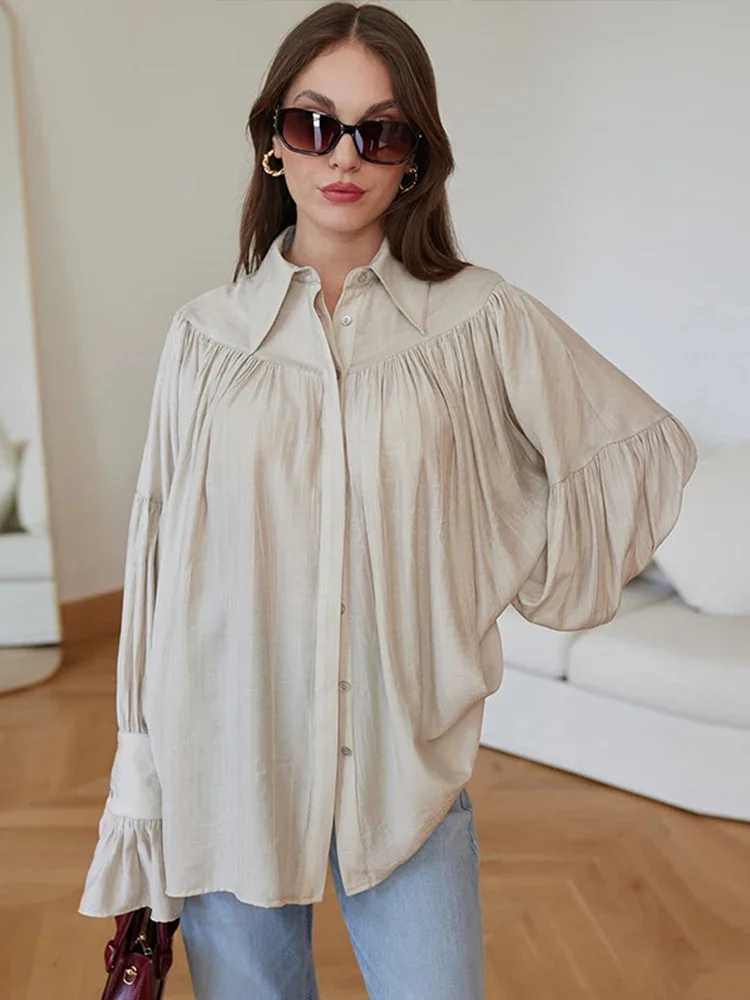 Autumn Women's Fashionable Loose Collared Shirt Office Lady Solid Color Versatile Flare sleeve Top Long Sleeved Shirt