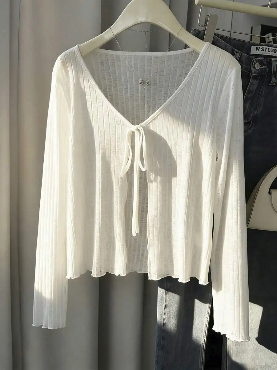 Hollow-Out Vertical Ribbed Lace-Up Knit Cardigan for Women, Summer Thin Semi-Sheer Cover-Up, Short V-Neck Long-Sleeve Outerwear