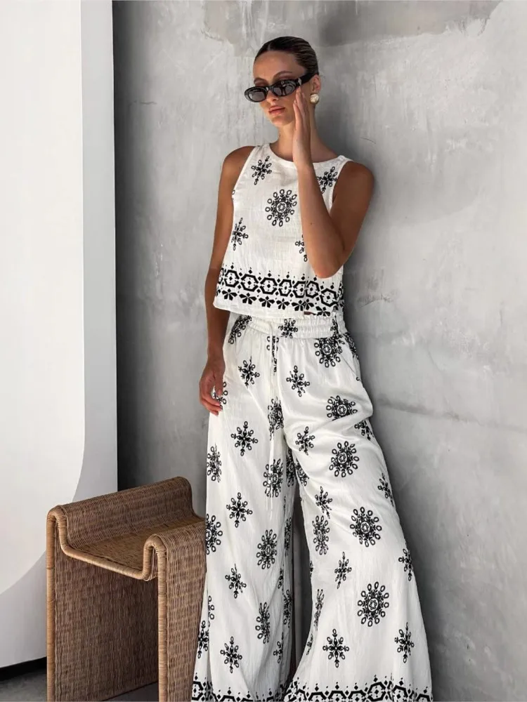 

Модный женский комплект из двух предметов с принтом, летний льняной жилет без рукавов, широкие брюки с поясом и шнурком, комплект длинных брюк