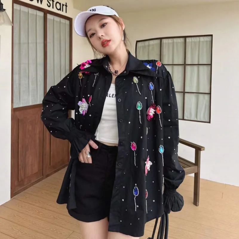 Embroidery Sequins Flower Shirt for Women Spring Autumn Fashion Brand Beaded Rhinestone Loose Mid-Length Puff Sleeve White Shirt