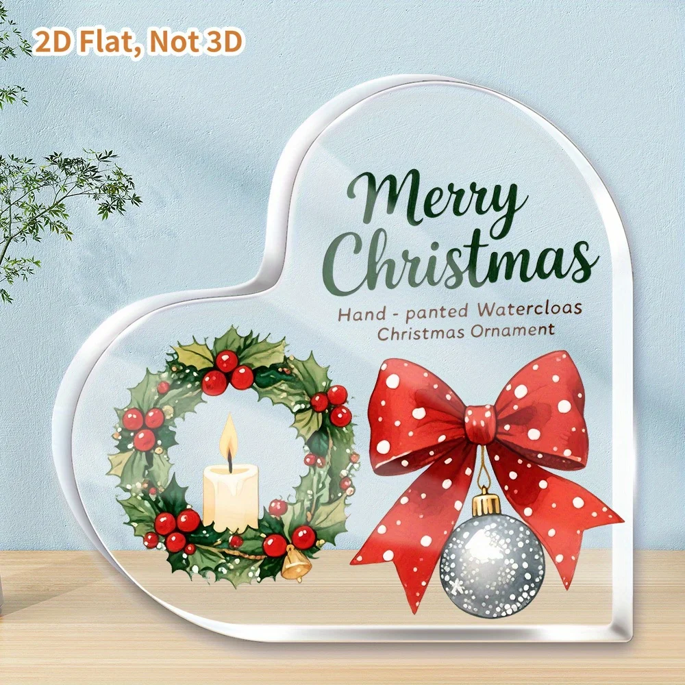 Merry Christmas Heart‑Shaped Acrylic Plaque, Holly Wreath Bow Bauble Table Decor