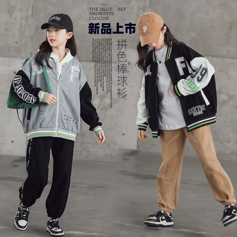 2024 Spring Autumn Children Girl Baseball Jacket Junior Girl Contrast Letter Sweat Coats School Girl Casual Zipper Outwears