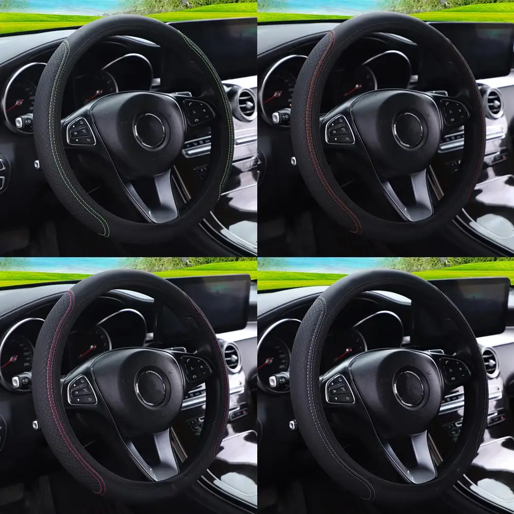 Anti-Slip Embossed Artificial Leather Steering Wheel Cover 37-38cm Universal Fit For Cars Interior Decoration