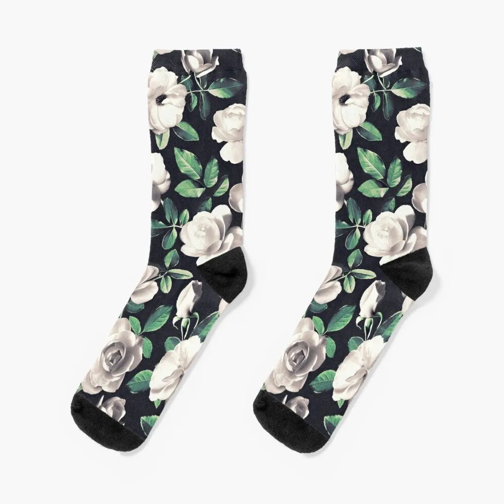 

Old Fashioned White Roses with Hunter Green Leaves Socks retro floor Socks Woman Men's