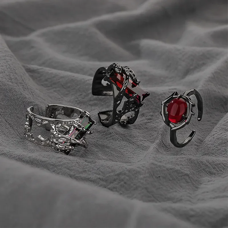 Vintage Ruby Ring Men Women Trendy Domineering Neutral Style Textured Index Finger Ring Dark Lava Stone Zircon Jewelry Gift
