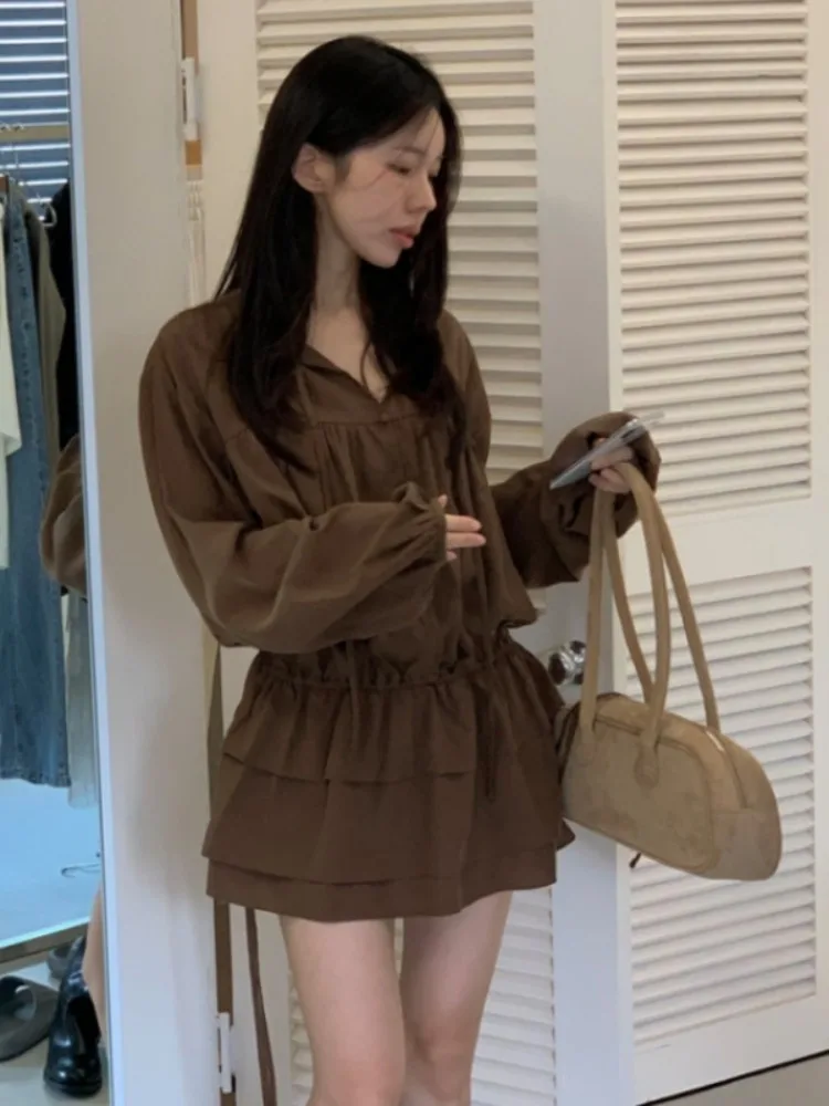 

Chic V-Ne Waist-Cinching Slimming Gathered Hemline Dr Women's irt Sle Long Sve Thin Material Autumn New Arrival