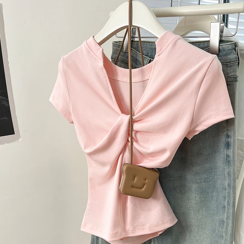 2026 Damen Neue V-Ausschnitt Sommer T-Shirts Weiß Mode Streetwear 100% Baumwolle Schwarze Tees Tops für den Sommer