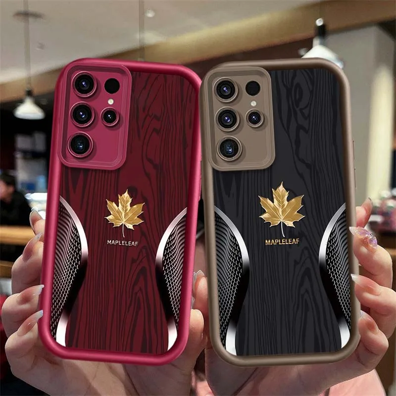 Maple Leaf Wood Grain Curve Cover For Samsung Galaxy S26 S25 S24 S23 S22 S21 S20 Ultra Plus FE 5G Eye Ladder Phone Case