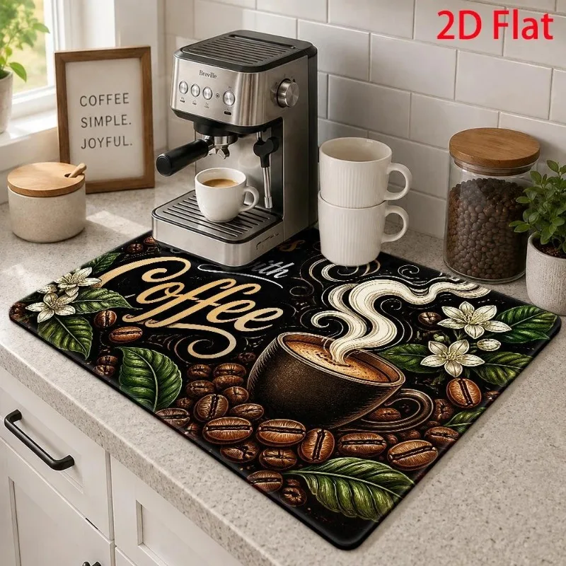 Dish Drying Mat Realistic Coffee Bean White Blossom Countertop Protector Steaming Mug Black Pad
