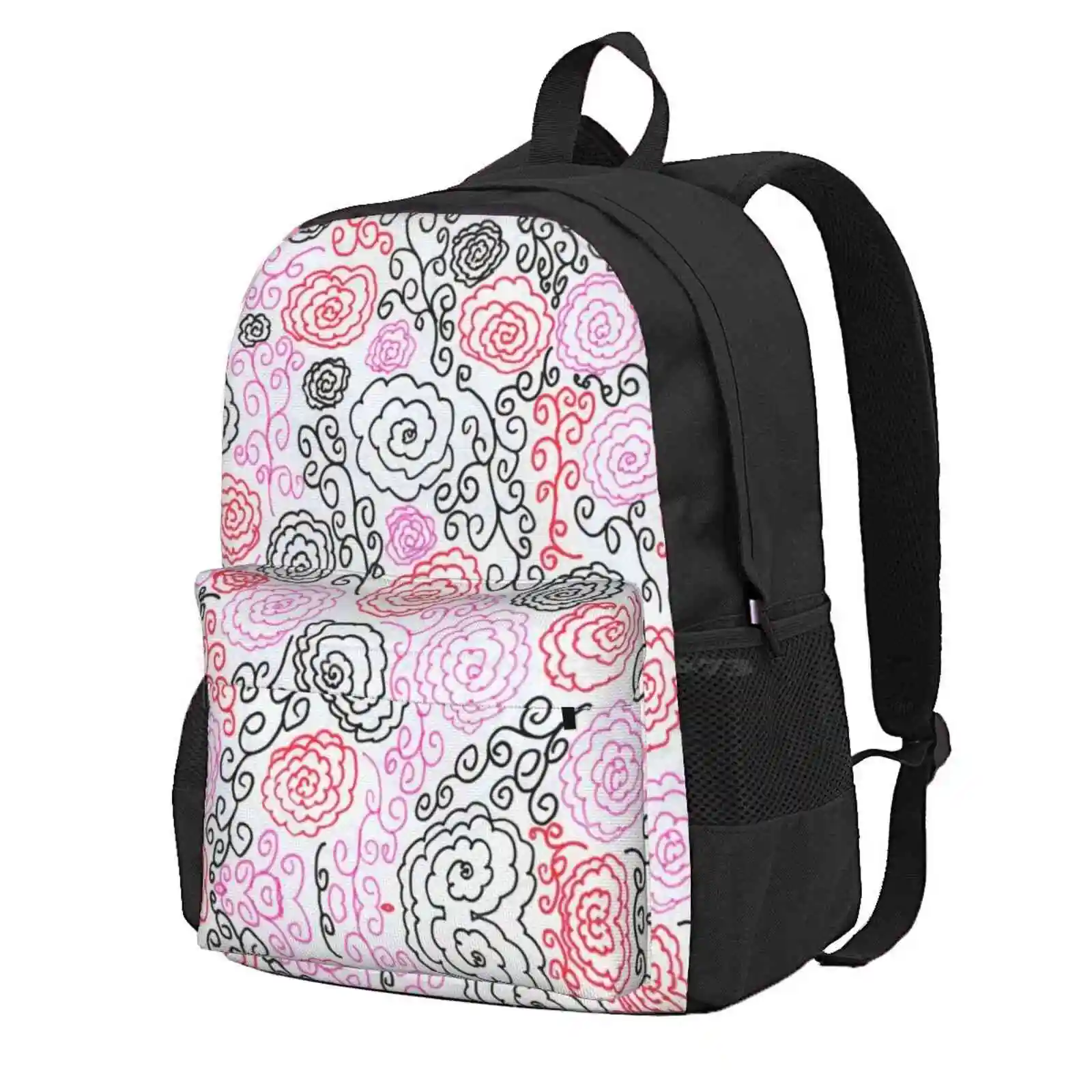 Roses- Marker Doodles Hot Sale Schoolbag Backpack Fashion Bags Roses Flowers Spirals Sketch Simple Pink Flower Red Flower Black