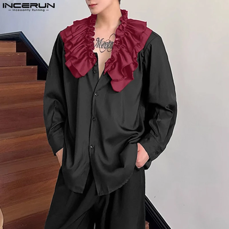 Handsome Well Fitting Tops INCERUN Men's Ruffle Stitching Design Shirts Stylish Streetwear Personality Long Sleeved Blouse S-5XL