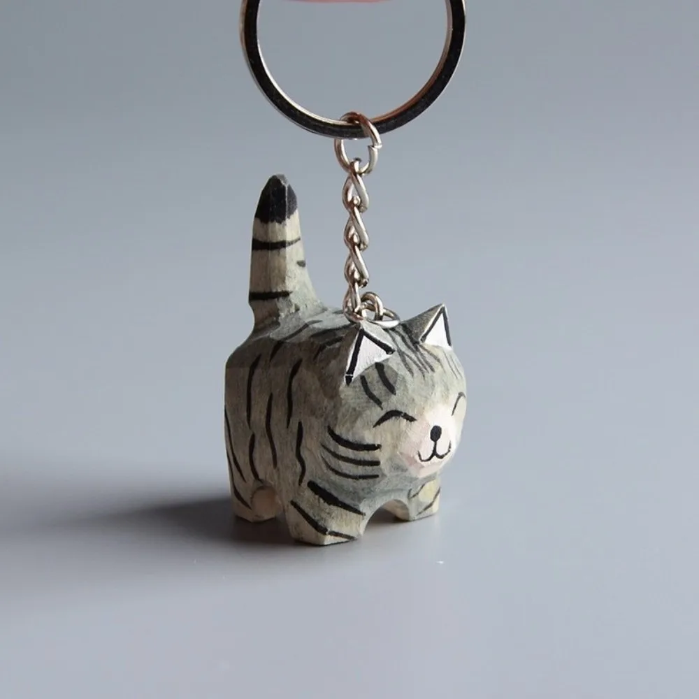 Handmade Wooden Carving Cat Keychain Creative Cartoon Ragdoll Cat Pendant Cute Funny Siamese Cat Keyring Hanging Accessory