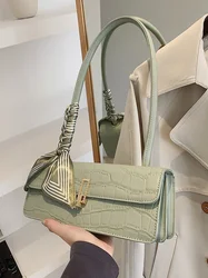 High Quality Women's Shoulder Bag with Ribbons Fashion Textured Portable Underarm Bags Female Stone Pattern Satchels Handbag