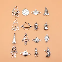 16pcs/lot Astronaut Spaceman Rocket Alien Cosmic Planet Charms Collection For Jewelry Making Couple Pendants