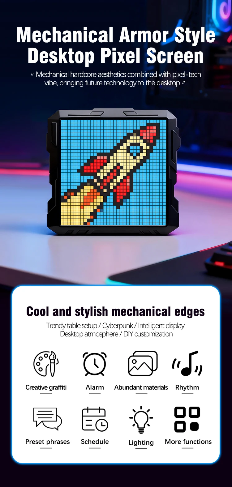 Bluetooth‑Enabled Smart Pixel Art Digital Photo Frame, 24x48 / 32x32 Programmable LED Display Screen, APP‑Operated DIY Sign Board with Clock & Alarm Functions