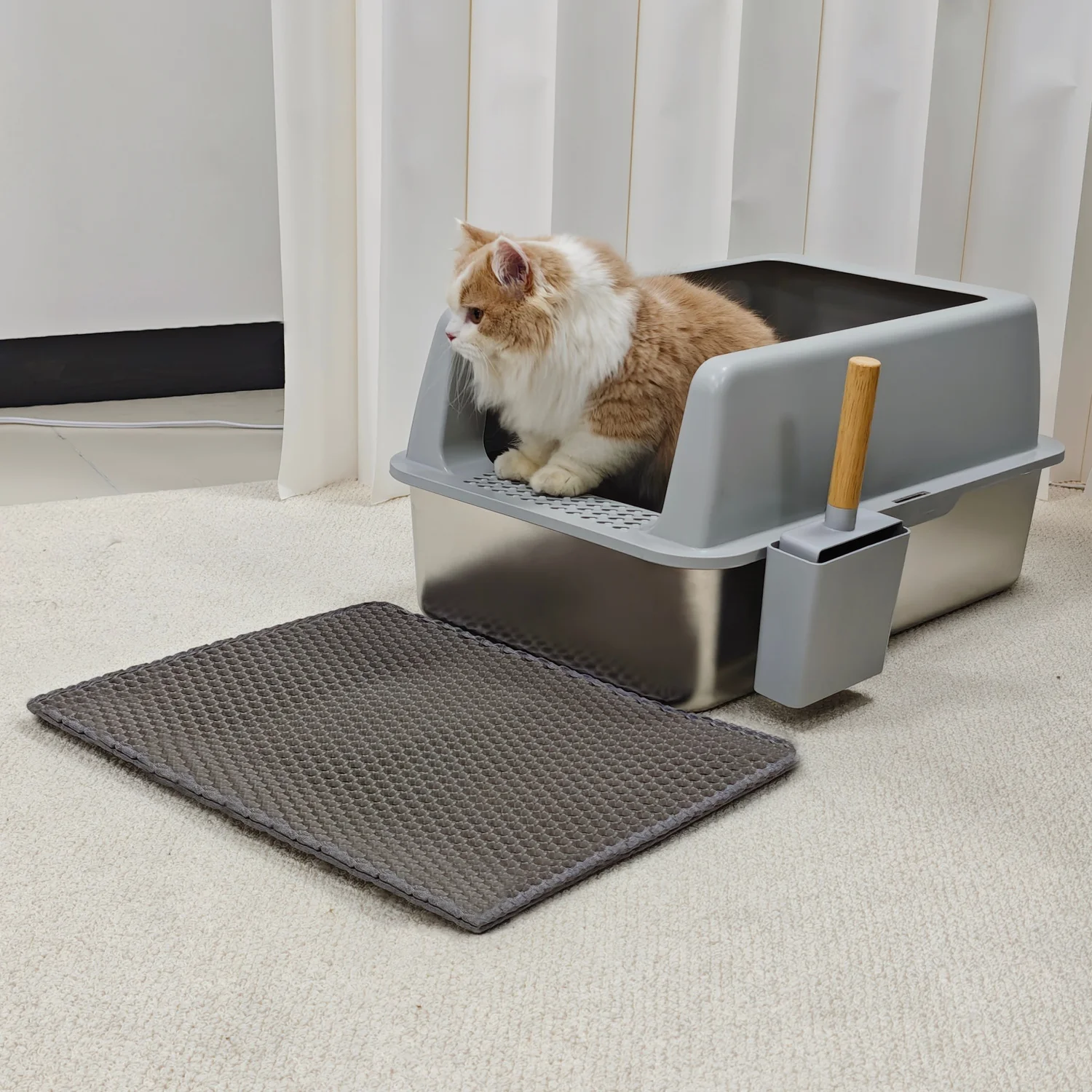 

Large Stainless Steel Cat Litter Box High Sided Open Litter Pan with Litter Mat and Scoop for Big Cats Toilets