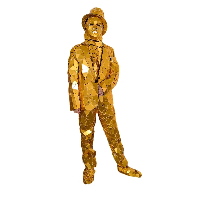 Party Gold Color Mirrors Glass Robot Men Wear Dance Costume Bar Perform Walker Suit Silver Jacket Sewn Model Outfit Show Clothes