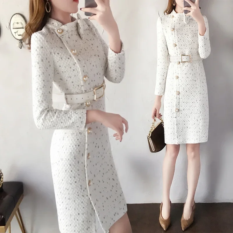 

Women Round Neck Dot Print Tweed Dress 2024 Korean Long Sleeve Bow Knee-Length Dress With Belt French Runway Elegant Party Dress