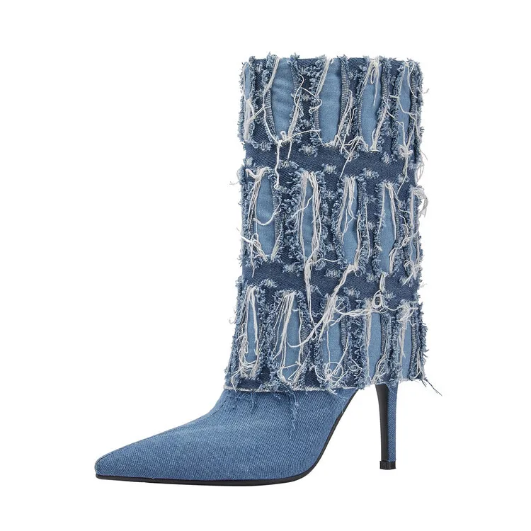 Women Frayed Fringe Turn Over Shaft Pointed Toe Mid Calf Boots Slip On Thin High Heel Fashion Party Dress Boots F539