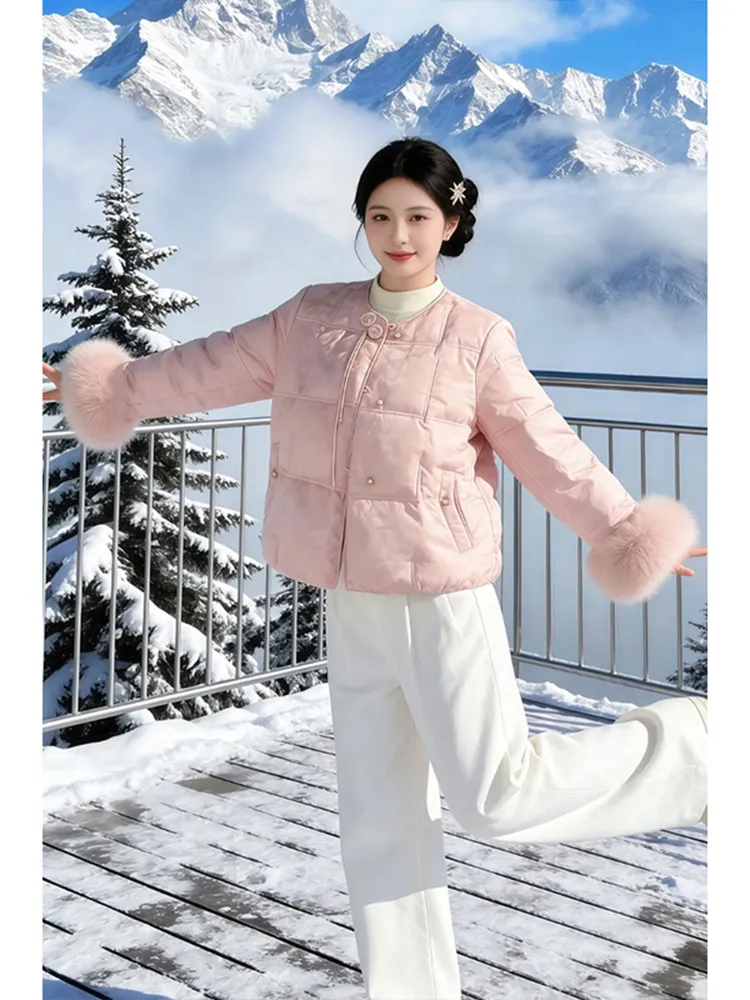 

Утепленная розовая пуховая куртка из хлопка для женщин, с вышивкой, в новом китайском стиле, зимняя верхняя одежда