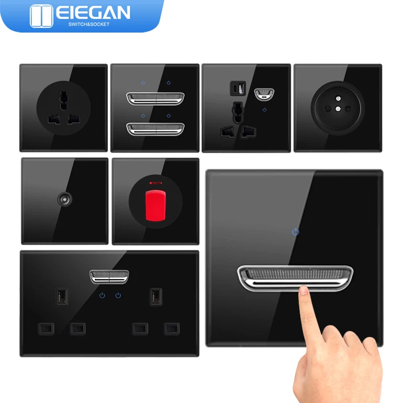 ELEGAN Black Tempered Glass Wall Switch Panel European Socket Retro Toggle Light Switch EU UK Standard USB Socket 1/2/3/4Gang