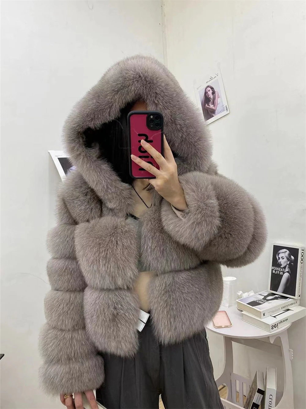 Short Fox Fur Jacket With Hood Women Luxury Long Sleeves Vest Female Hooded Real White Fox Fur Coat For Girls