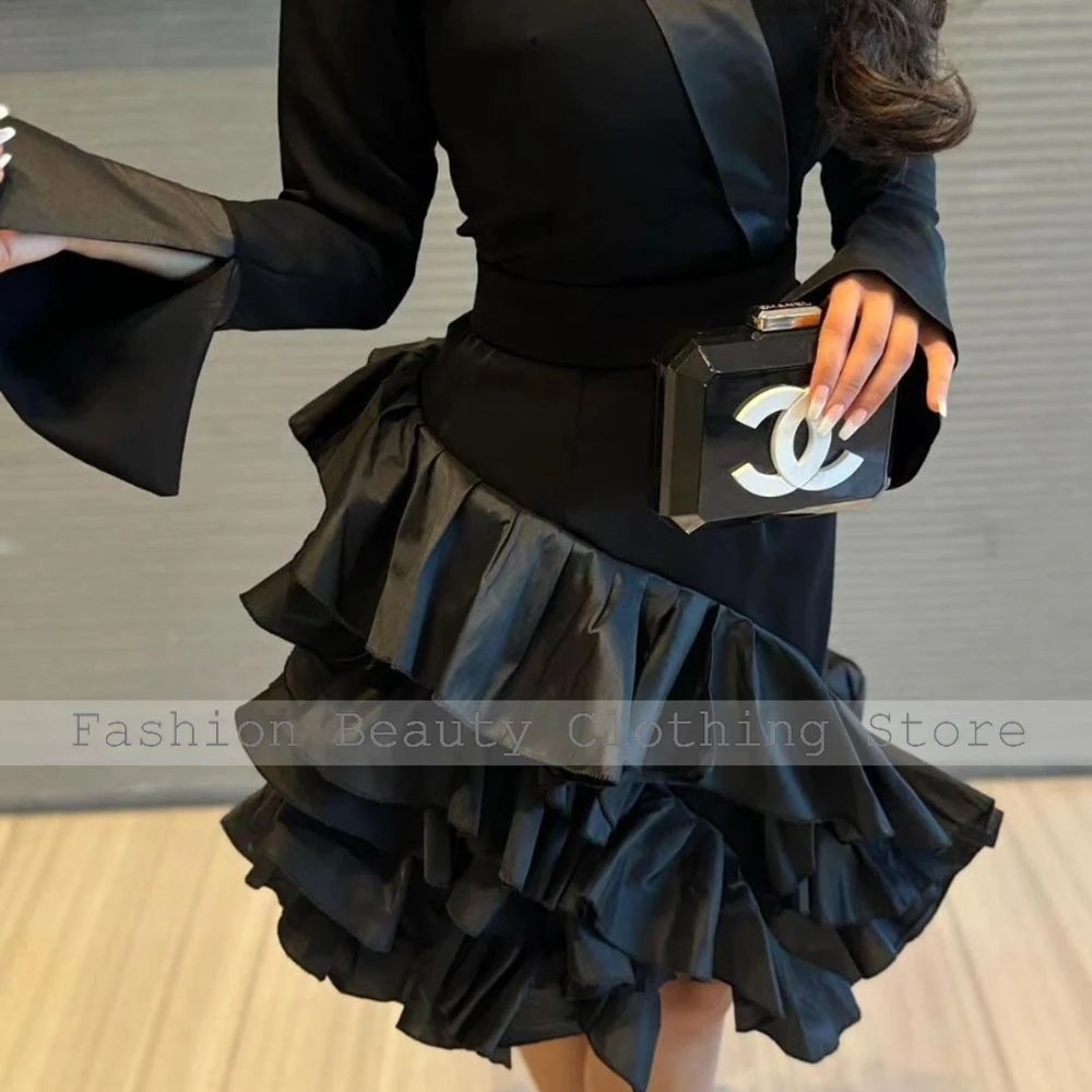 Elegant Sexy Cocktail Dresses Black Satin Ruffles A-line V-neck Knee Length Dresses  Elegant Party Dresses Woman Gowns 2024