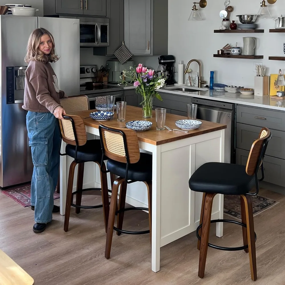 Rattan Swivel Bar Stools with Walnut Craftsmanship, Curved Rattan Back, Upholstered Seat, Mid Century Modern Bar Stools