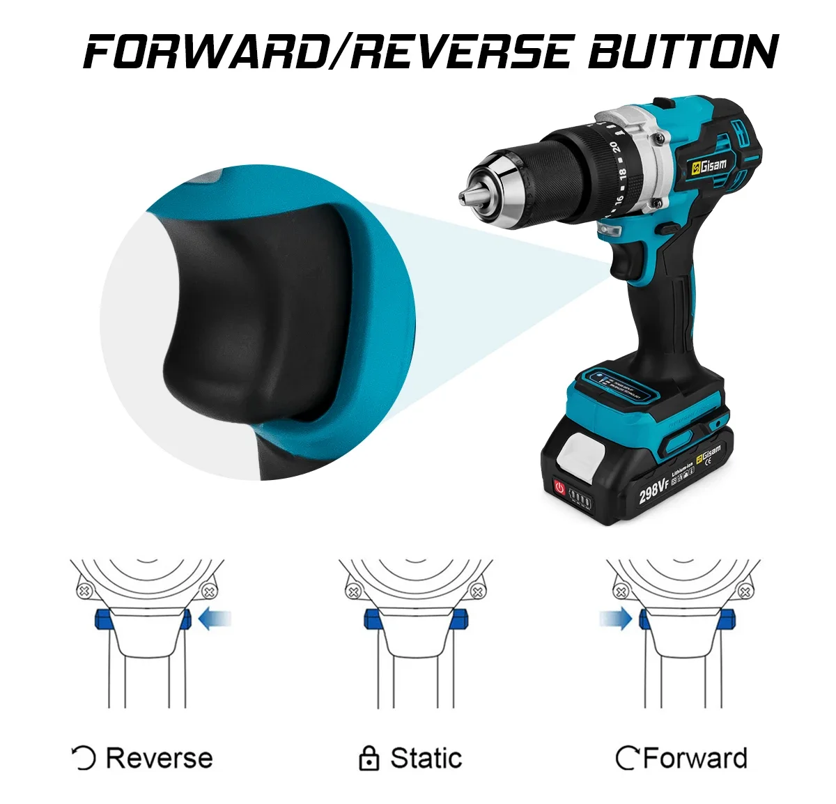 Gisam Powerful Electric Impact Drill Screwdriver 13mm Chuck Brushless Battery Impact Hammer Drill For Makita 18V Battery Pins