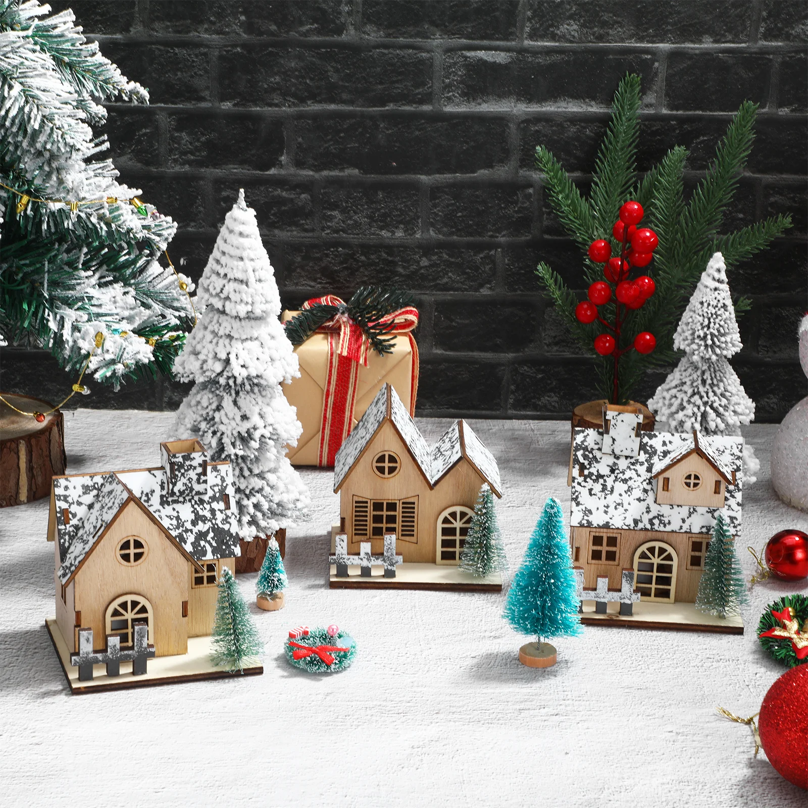 

3Pcs Christmas LED Light Wooden Houses Traditional Design for DIY Enthusiasts and Festive Displays Lighted Houses