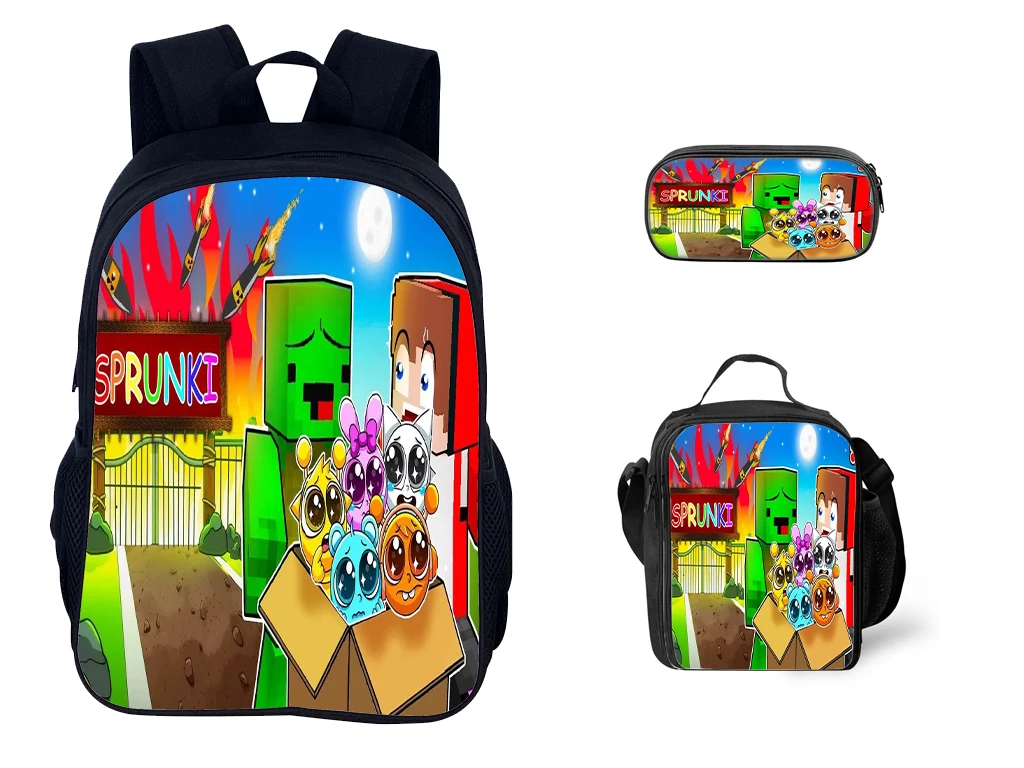 

3 Piece Sprunki Backpack Lunch Bag Pencil Case Students High Capacity School Bookbags Casual Daypack for Kids