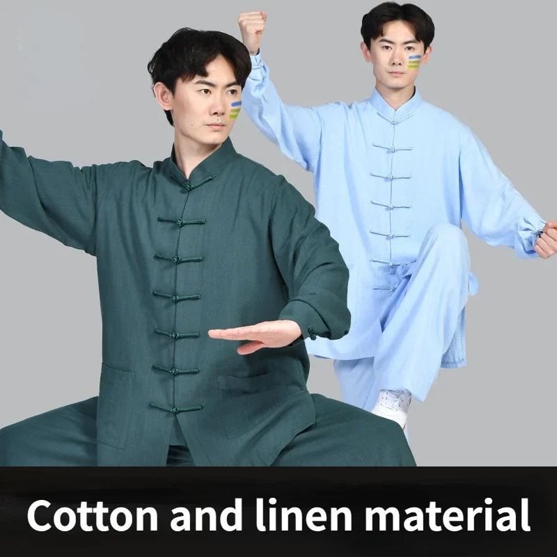 

Retro Top Pants Tai Chi Breathable Uniforms Hanfu Chinese Traditional Clothing Set Man Fall Linen Buckle Kung Fu Shirt Oriental