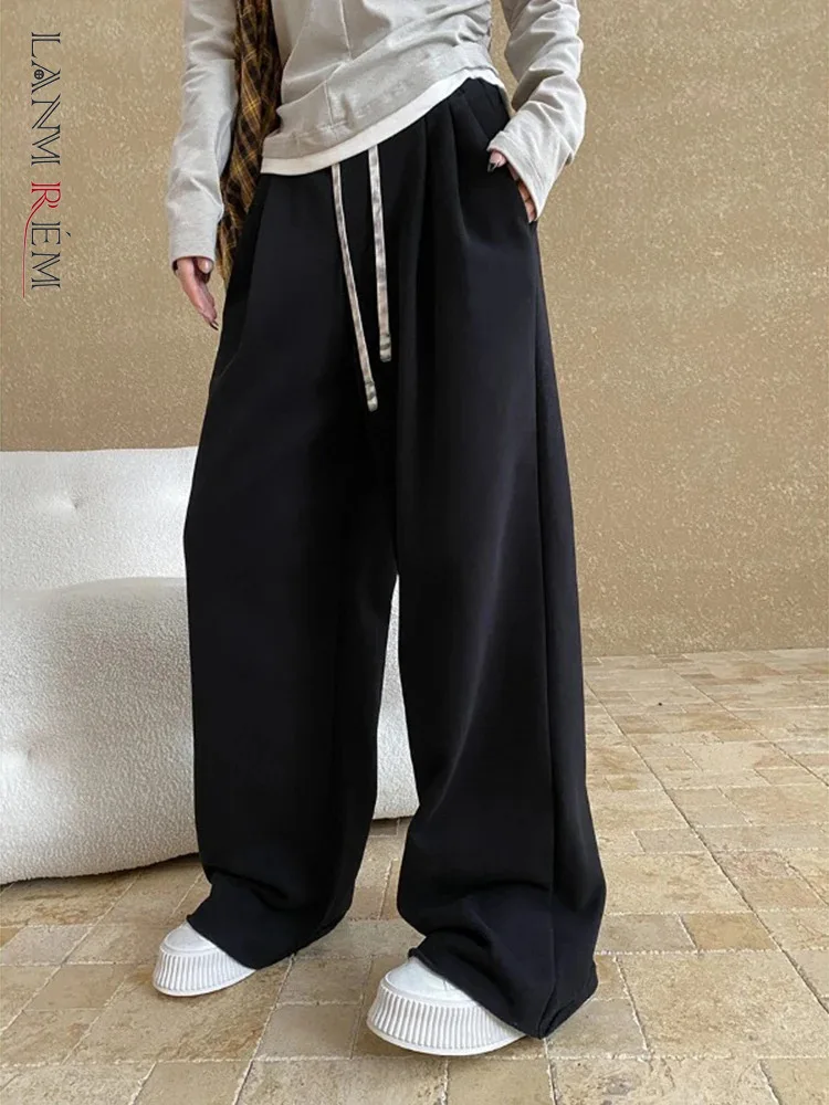 

[LANMREM] Drawstring Design Casual Pants Women's Elastic High Waist Wide Leg Trousers Minimalism Clothes 2024 Winter New 26C1039