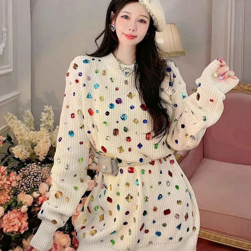 Women Rainbow Color Diamonds Drilling Wool Sweater Autumn Loose Mid-length Pullovers O-Neck Rhinestones Knitwear Dress Vestidos