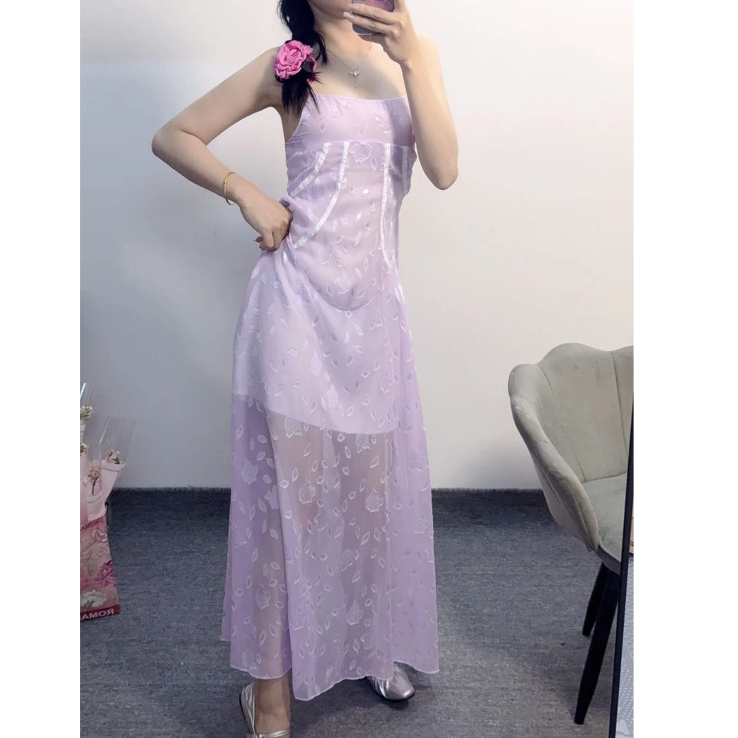 Kleider, ärmellos, für Damen, Boho, Frühling, Chiffon, Applikation, Raffen, Raucher, plissiert, Volant, Fairycore, Mori-Mädchen, süßer, romantischer Chic