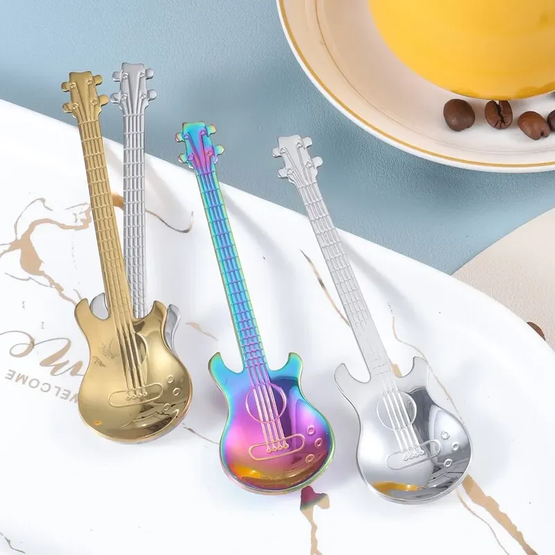 3pcs Stainless Steel Guitar Shaped Love Coffee Spoon Teaspoon Children Spoon New Beautiful 3 Colors Coffee Tea Use Kitchen Spoon