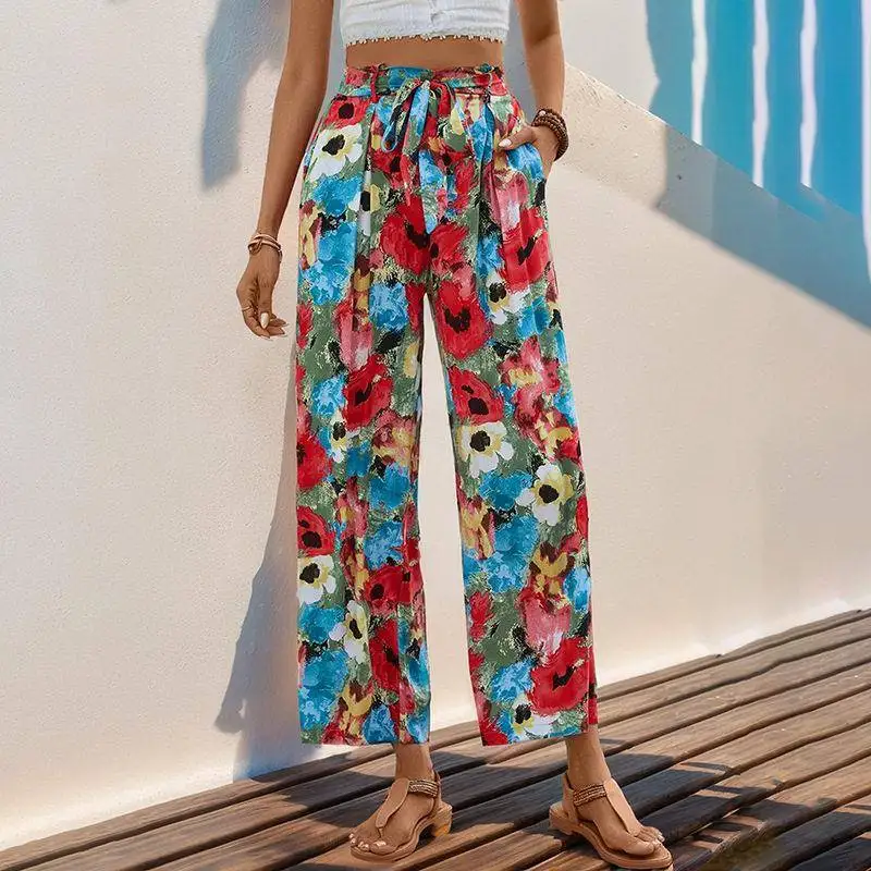 

Summer Floral Print High Waist Wide Leg Casual Pants Vacation Floral Waist Printed Loose Fit Women's Premium Quality Trousers