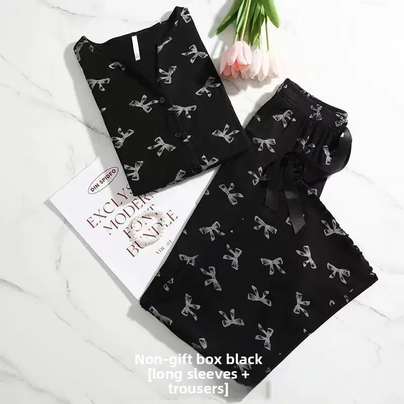 ربيع الخريف المرأة فراشة عقدة الخامس الرقبة المفتوحة سترة طويلة الأكمام السراويل الطويلة الحرير الجليد ملابس المنزل مجموعة عصرية