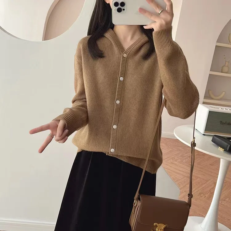 Autumn and Winter Cashmere Sweater Women\'s Hooded Cardigan Warm Knitted Sweater Women