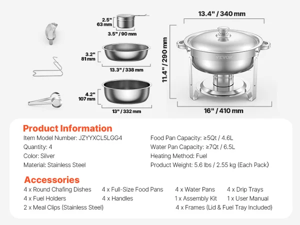 SucceBuy 4-pack komfoorbuffetset roestvrijstalen chafer met 4 full size pan ronde catering warmer server voor feestbanketten