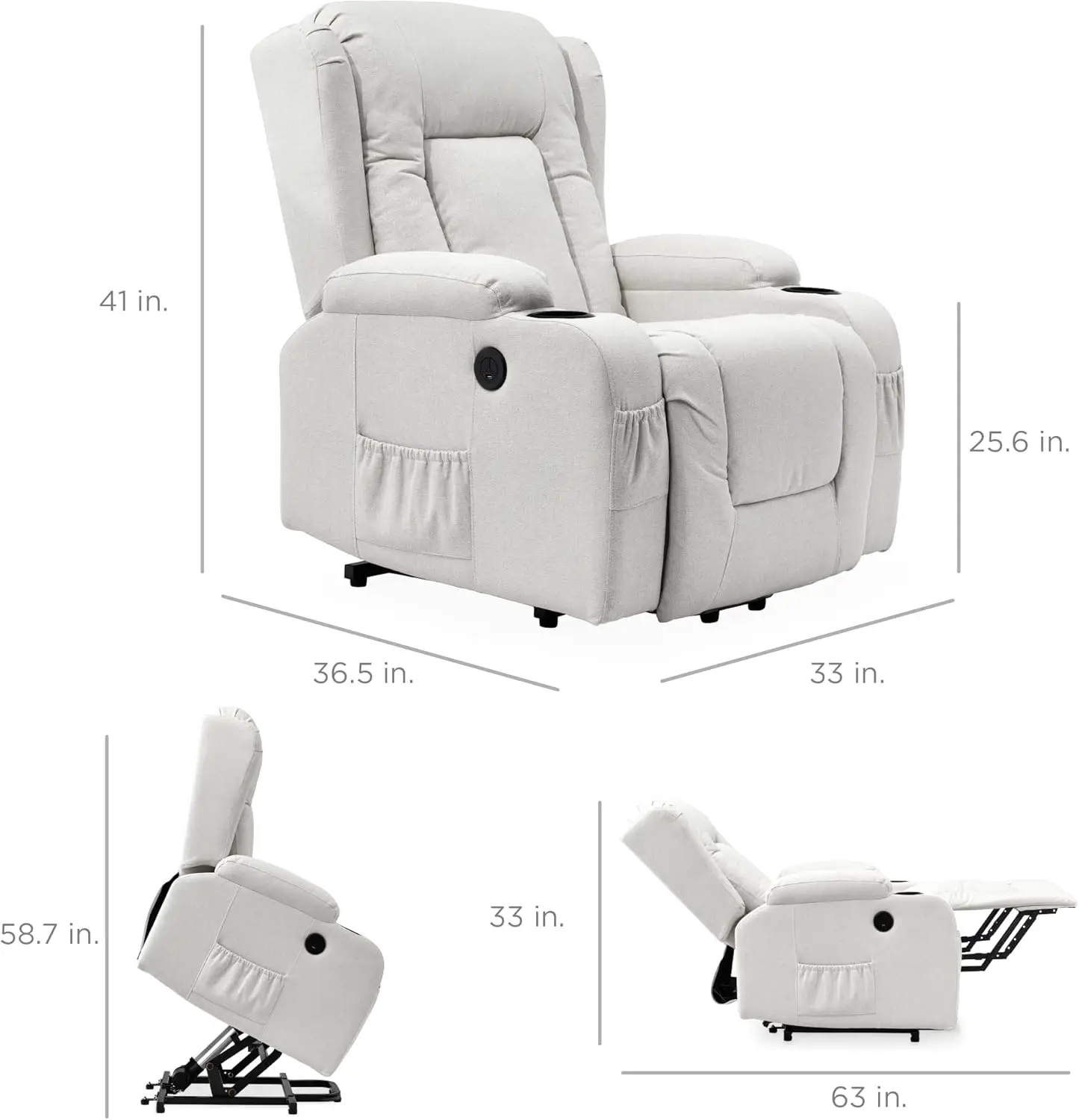 Modern Linen Electric Power Lift Chair, Recliner Massage Chair, Adjustable Furniture for Back, Legs w/ 3 Positions - Ivory