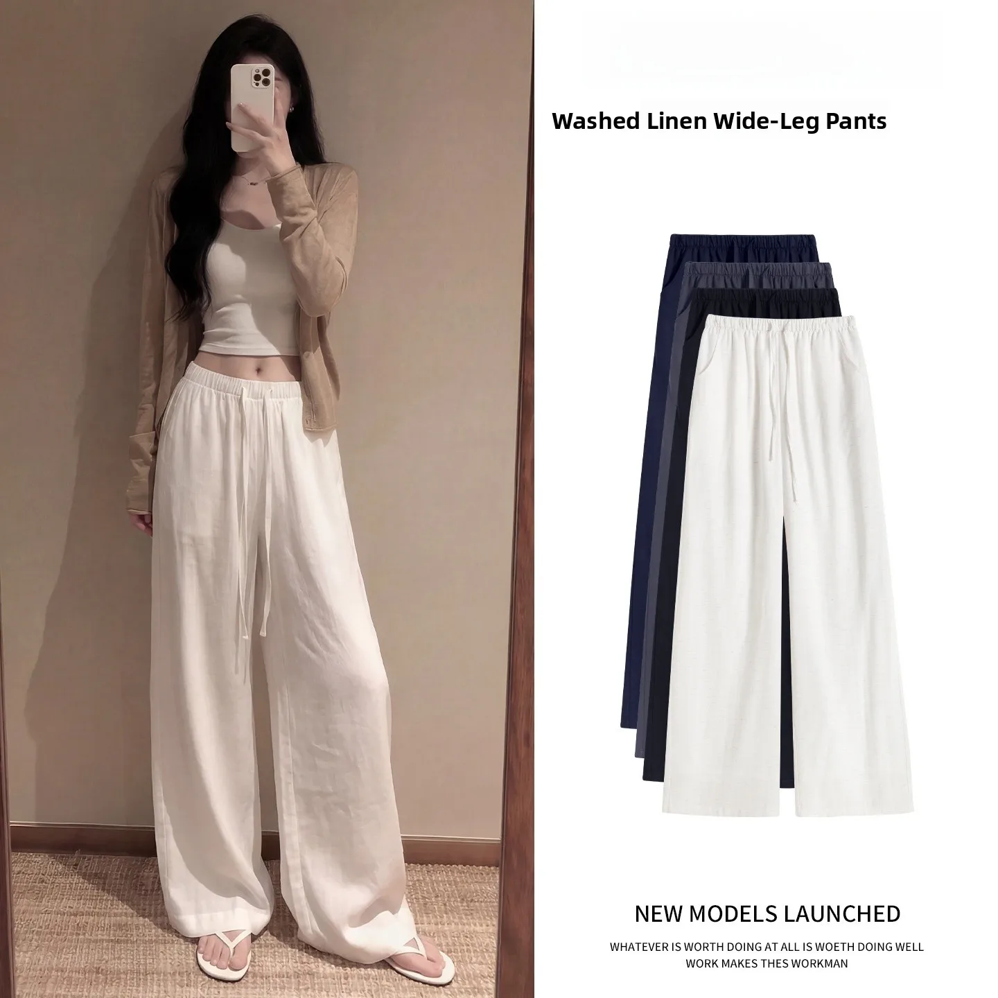 

Summer Thin New Style Women's Casual Cotton Linen Wide Leg Pants High Waist Straight Cut Slim Fit Trousers for Small Figures
