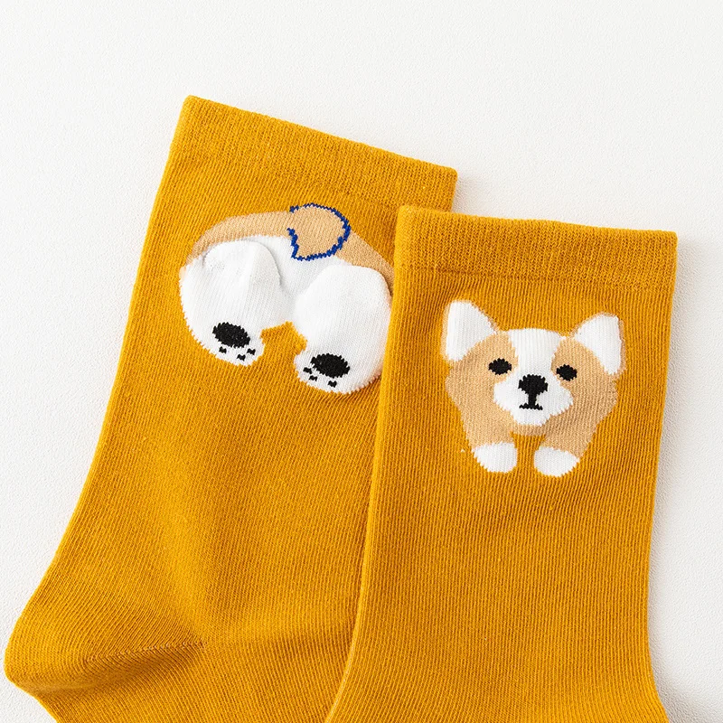 5 pares outono novo estilo coreano bonito meias de estudante com desenhos animados corgi design feminino meados de bezerro algodão engraçado meias de alta qualidade