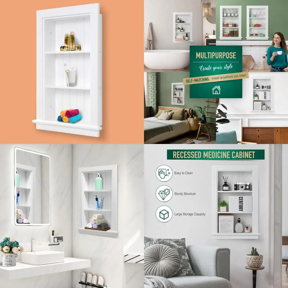 

Three-Tier Recessed Medicine Cabinet for Bathroom Wall, White, Installs Between Studs for Drywall